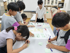 ふせんに意見を書く子どもたちの写真