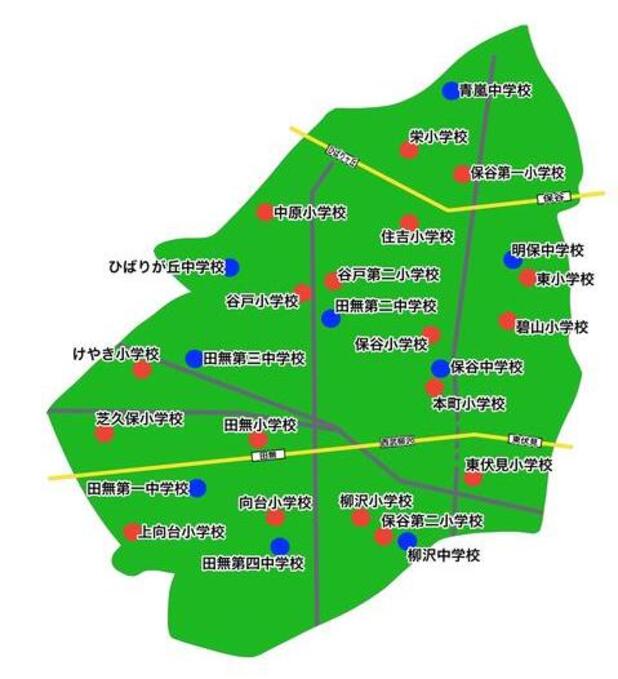 西東京市立小・中学校の地図